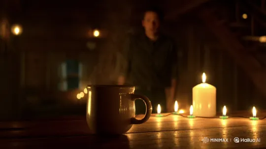 Man Surprised in Rustic Cabin by Candlelight – AI Generated Video | Hailuo AI