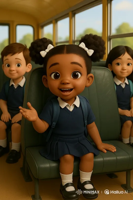 Cheerful Girl Enthusiastically Tells a Story on a School Bus – AI Generated Video | Hailuo AI