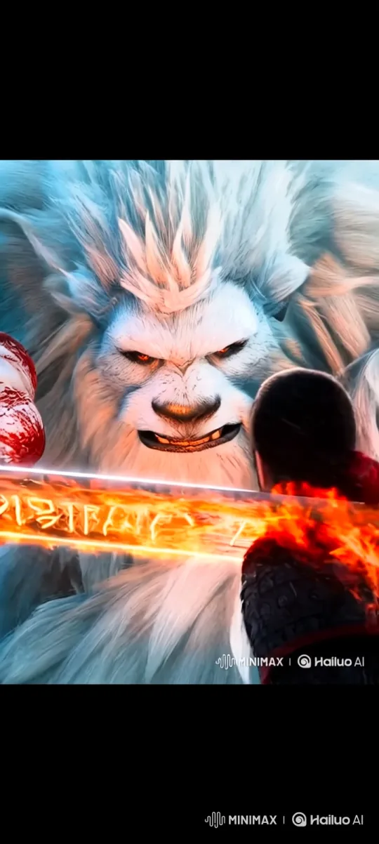 Epic Clash: Warrior Battles Fiery Yeti in Stormy Mountainscape – AI Generated Video | Hailuo AI