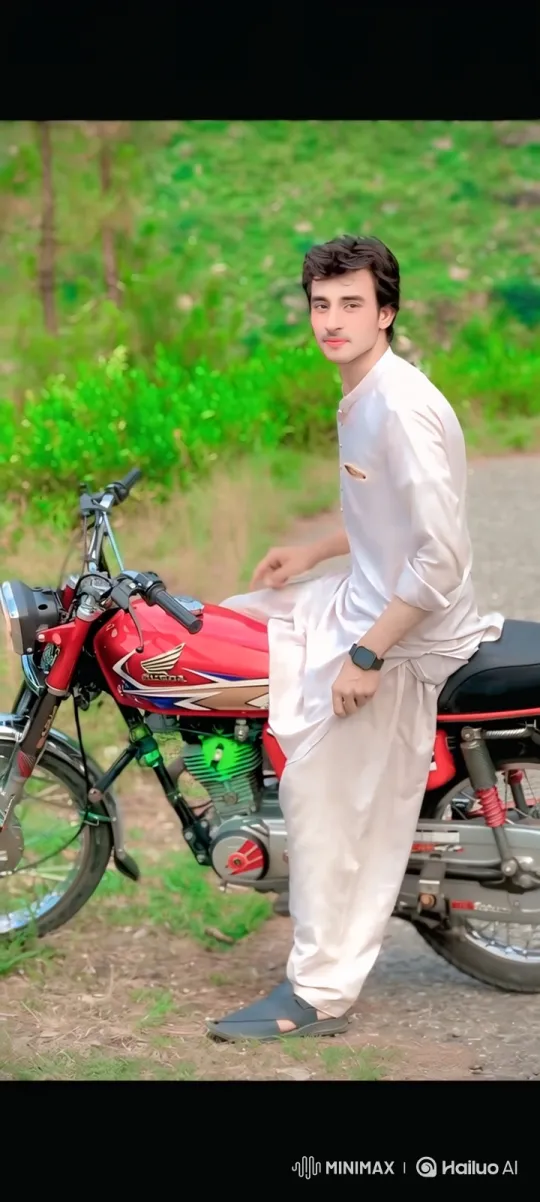 Young Man on Motorcycle Amidst Greenery – AI Generated Video | Hailuo AI