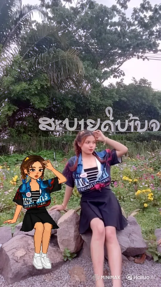 Young Woman in Garden with Animated Sticker Contrast – AI Generated Video | Hailuo AI