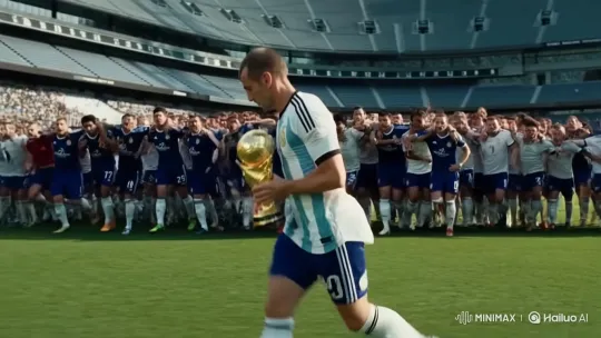 Messi Escapes with World Cup Amidst Chasing Crowds – AI Generated Video | Hailuo AI