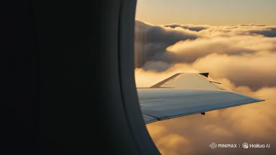 Golden Hour Flight: Jet Wing Glides Through Clouds – AI Generated Video | Hailuo AI