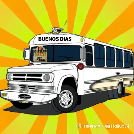 Floating Cartoon Bus Lands Gently with Sunburst Background – AI Generated Video | Hailuo AI
