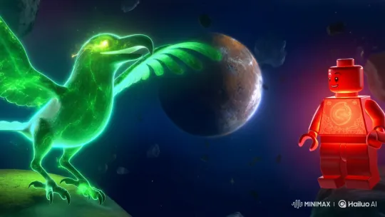 Lego Minifigure vs. Glowing Green Bird in Space Battle – AI Generated Video | Hailuo AI
