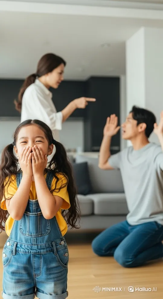 Young Girl Laughs at Parental Mock-Argument – AI Generated Video | Hailuo AI