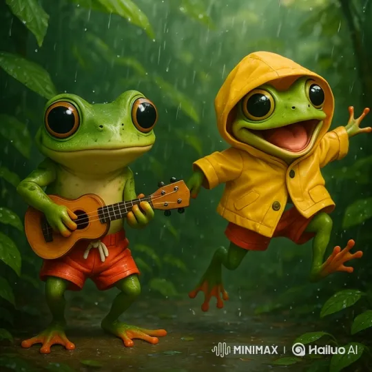 Animated Frogs Dance and High-Five in Rainy Jungle – AI Generated Video | Hailuo AI
