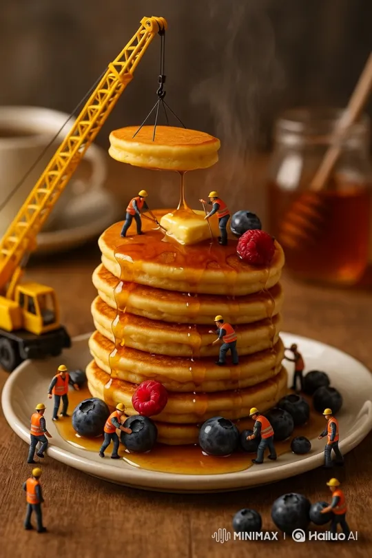 Toy Crane and Workers Construct Pancake Tower with Syrup – AI Generated Video | Hailuo AI