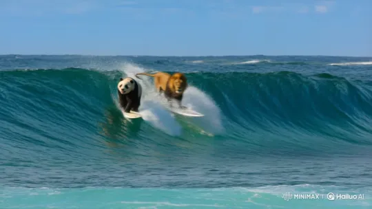 Giant Panda and Lion Surf Chase on Turquoise Waves – AI Generated Video | Hailuo AI