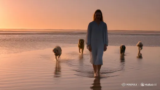 Golden Hour Beach Walk with Person and Four Dogs – AI Generated Video | Hailuo AI