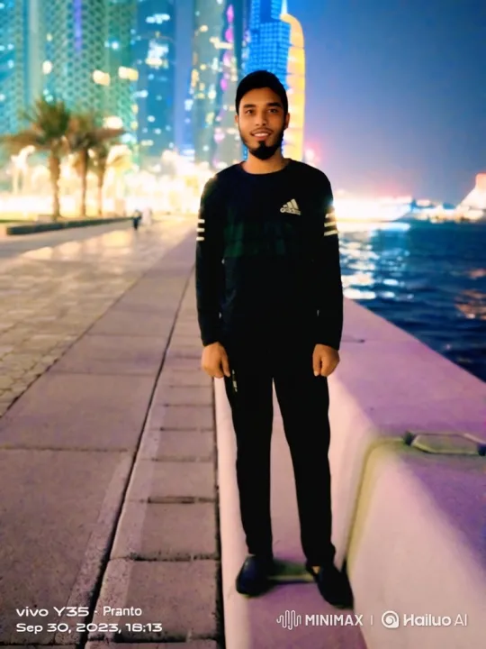 Young Man Walking Along Waterfront at Night – AI Generated Video | Hailuo AI
