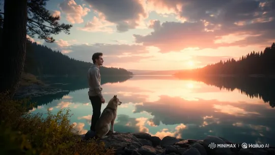 Tranquil Sunset Moment Between Man and Dog – AI Generated Video | Hailuo AI
