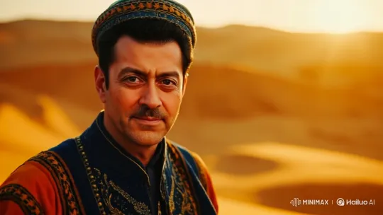 Mysterious Man in Ornate Robes Amidst Desert Sands – AI Generated Video | Hailuo AI