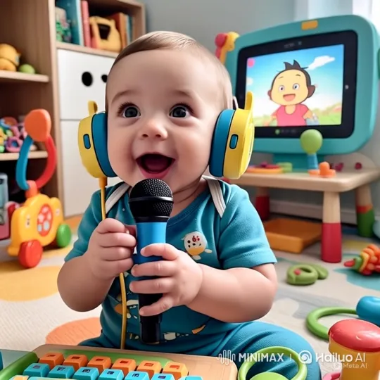 Baby Enjoys Singing with Toy Microphone in Playroom – AI Generated Video | Hailuo AI