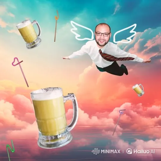 Whimsical Man Flies Through Surreal Sky, Grabs Juice, and Sips Delightedly – AI Generated Video | Hailuo AI