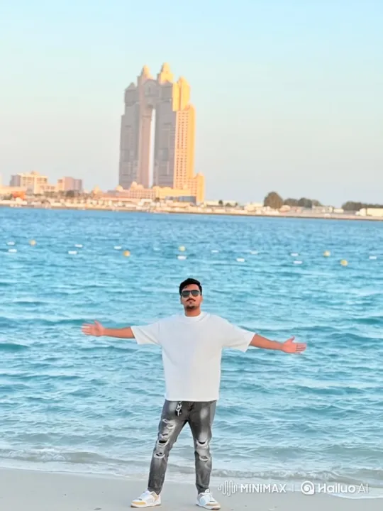 Confident Man Mounts Black Horse on Beach with City Skyline – AI Generated Video | Hailuo AI