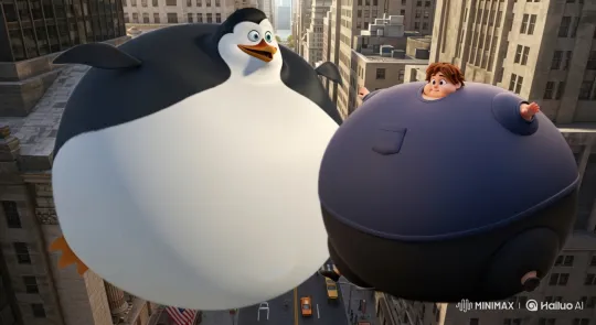 Inflated Penguin and Boy Embrace Above NYC Skyline – AI Generated Video | Hailuo AI