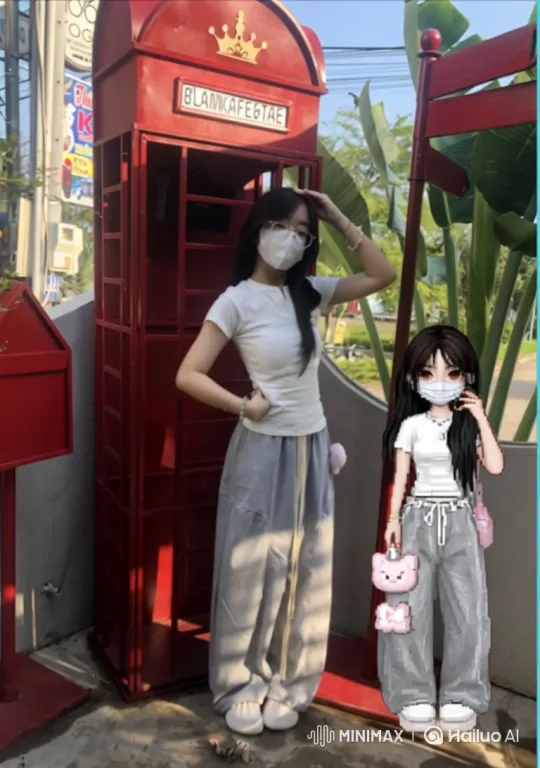 Woman and Avatar Pose in Sunlit Outdoor Setting – AI Generated Video | Hailuo AI