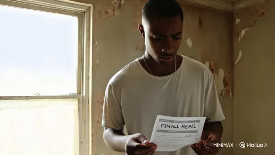 Young Man Contemplates Overdue Rent Notice Amidst Poverty – AI Generated Video | Hailuo AI
