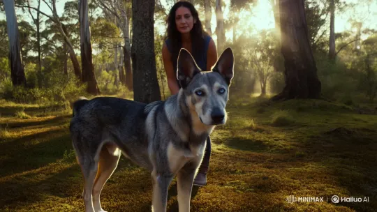 Woman and Blue Cattle Dog Share Emotional Moment in Forest – AI Generated Video | Hailuo AI