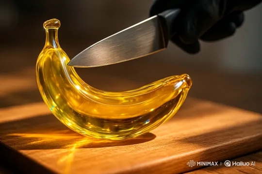 Glass Banana Sliced with Precision on Wooden Board – AI Generated Video | Hailuo AI