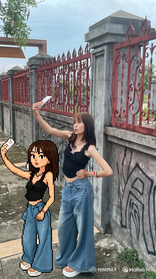Young Woman Takes Selfie with Animated Cartoon Doppelgänger – AI Generated Video | Hailuo AI