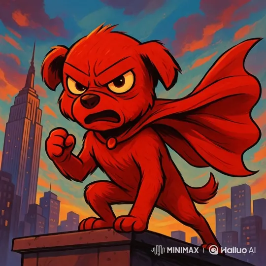 Red Superhero Dog Takes Flight Over Sunset City – AI Generated Video | Hailuo AI