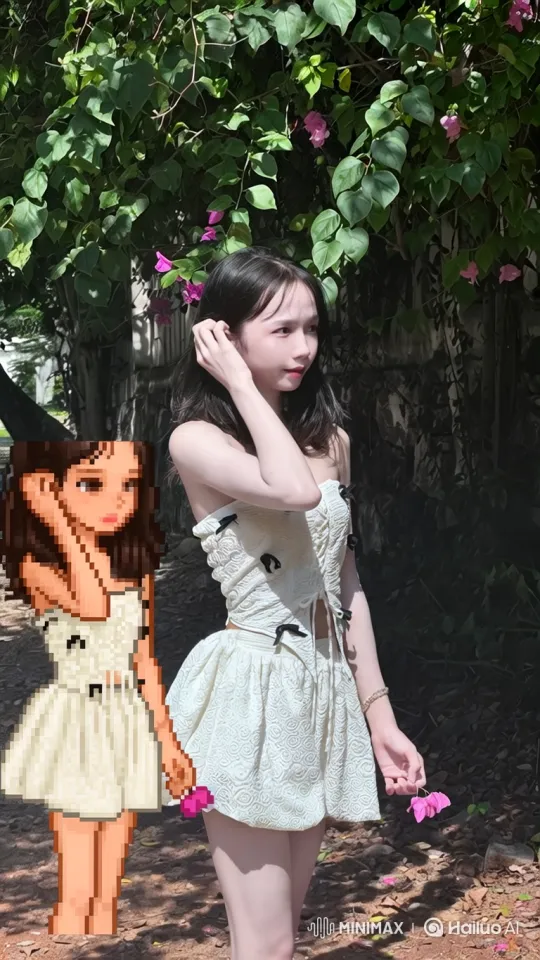 Young Woman and Her Pixel Twin in a Sunlit Garden – AI Generated Video | Hailuo AI