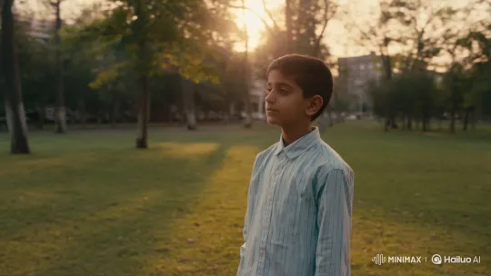 Golden Hour Park Encounter: Boy and Pakistani Girl Share a Smile – AI Generated Video | Hailuo AI
