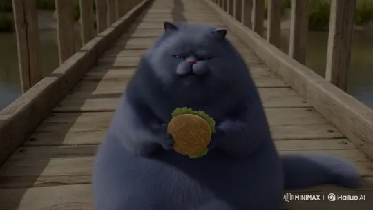 Blue-Furred Cat Enjoying Hamburger on Bridge – AI Generated Video | Hailuo AI