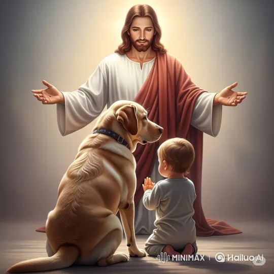 Child and Dog Embrace Jesus in Loving Welcome – AI Generated Video | Hailuo AI