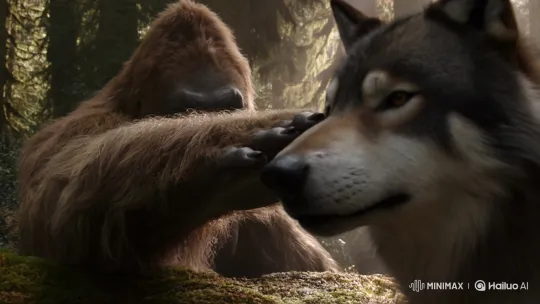 Bigfoot's Attempt to Pet Wolf Carl Leads to Unexpected Lick – AI Generated Video | Hailuo AI