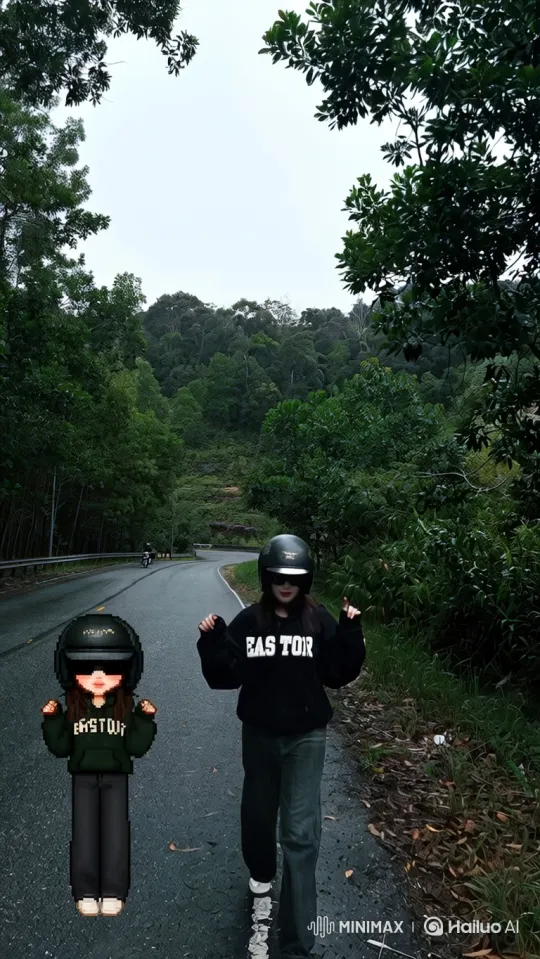 Person in black stands on road in forest, walks away – AI Generated Video | Hailuo AI