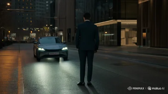 Confident Man Enters Sleek MINIMAXROO Car on Dusk City Street – AI Generated Video | Hailuo AI