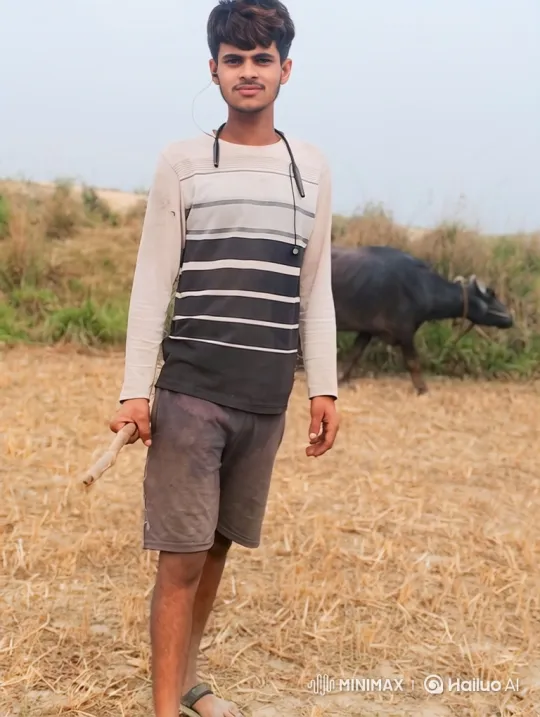 Young Man Follows Water Buffalo in Overcast Field – AI Generated Video | Hailuo AI