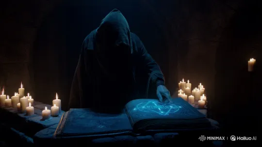 Mysterious Ritual in Ancient Chamber with Hooded Figure – AI Generated Video | Hailuo AI