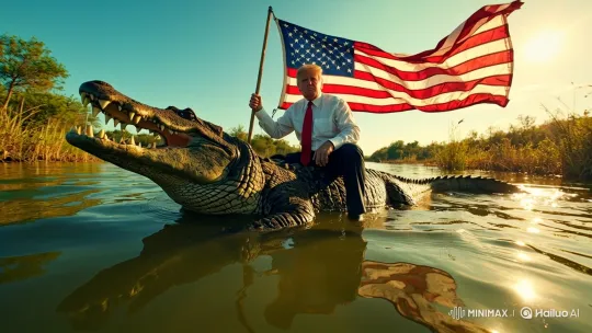 Man Rides Alligator Holding Flag in River – AI Generated Video | Hailuo AI