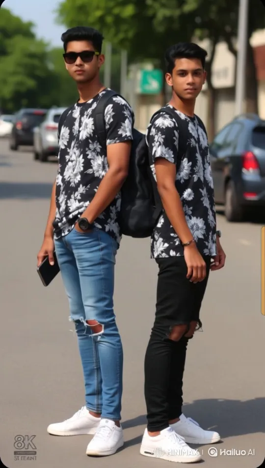 Young Men in Floral Shirts on Sunny Street – AI Generated Video | Hailuo AI