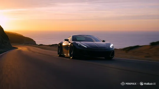 Sleek Sports Car Cruises on Coastal Sunset Road – AI Generated Video | Hailuo AI