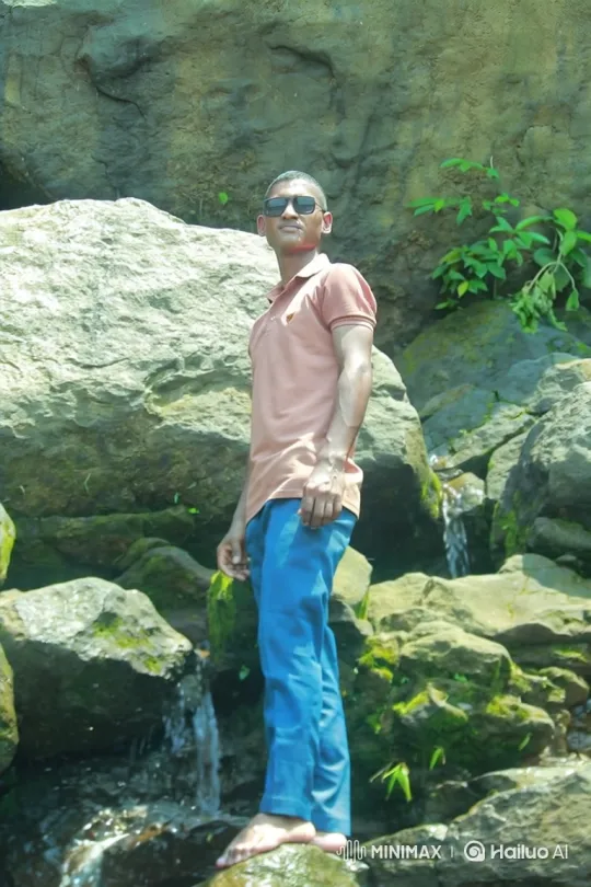 Man in Nature: Serene Rock Landscape with Waterfall – AI Generated Video | Hailuo AI