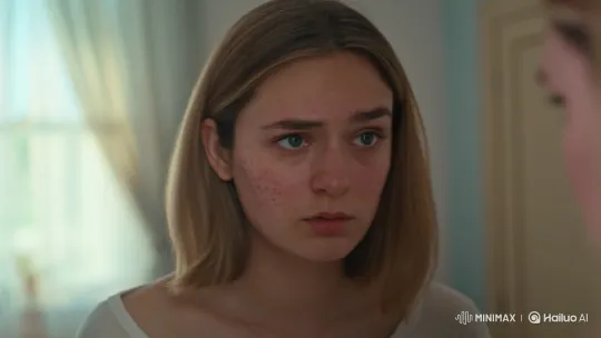 Young Woman Examines Her Skin in Morning Light – AI Generated Video | Hailuo AI