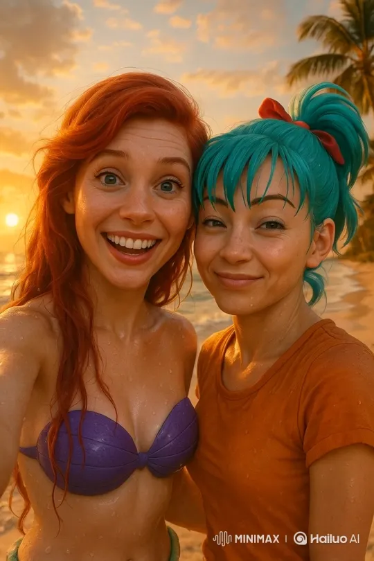 Two Friends Capture Joyful Sunset Selfie on Tropical Beach – AI Generated Video | Hailuo AI