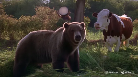 Farmer and Cow Scare Bear Away from Crops – AI Generated Video | Hailuo AI
