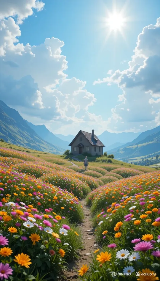Fantasy Cottage Valley with Protective Guardian and Serene Landscape – AI Generated Video | Hailuo AI