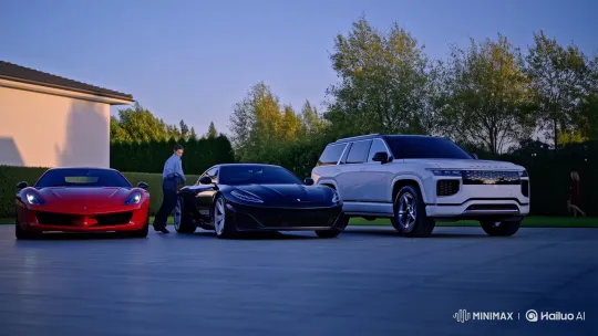 Luxury Car Selection and Departure at Dusk – AI Generated Video | Hailuo AI