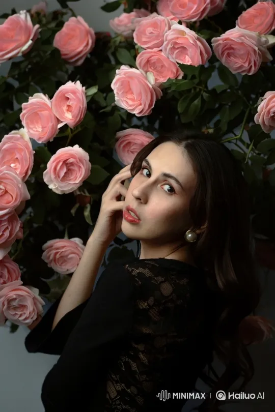 Pensive Woman Amidst Falling Roses in Golden Light – AI Generated Video | Hailuo AI