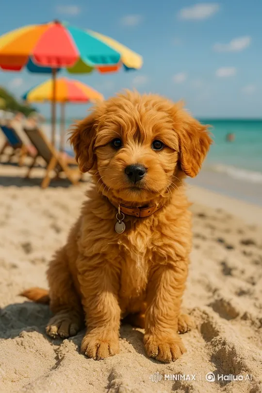 Golden Puppy Enjoys a Sunny Beach Day – AI Generated Video | Hailuo AI