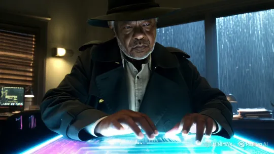 Mystery: Cyberpunk Detective Deciphers Key in Stormy Office – AI Generated Video | Hailuo AI