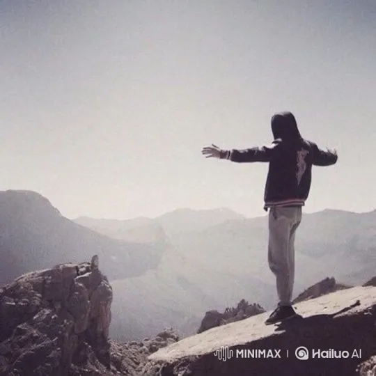 Mountain Vista: Person Embraces Landscape with Dynamic Tracking Shot – AI Generated Video | Hailuo AI