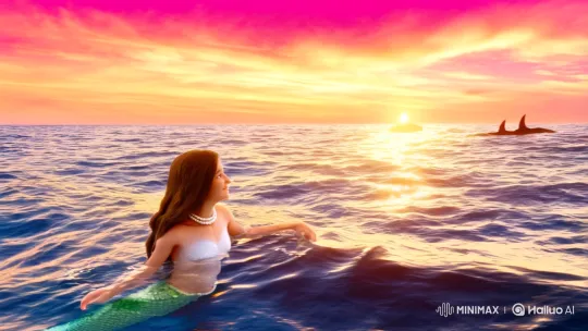 Mermaid Enjoys Ocean Harmony with Marine Life Under Dreamy Sky – AI Generated Video | Hailuo AI